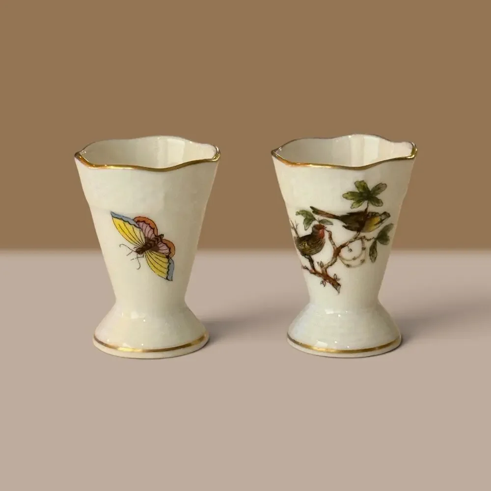 Herend Rothschild Bird Mini Vase Pair 280 RO Hand Painted Porcelain Gold Trim